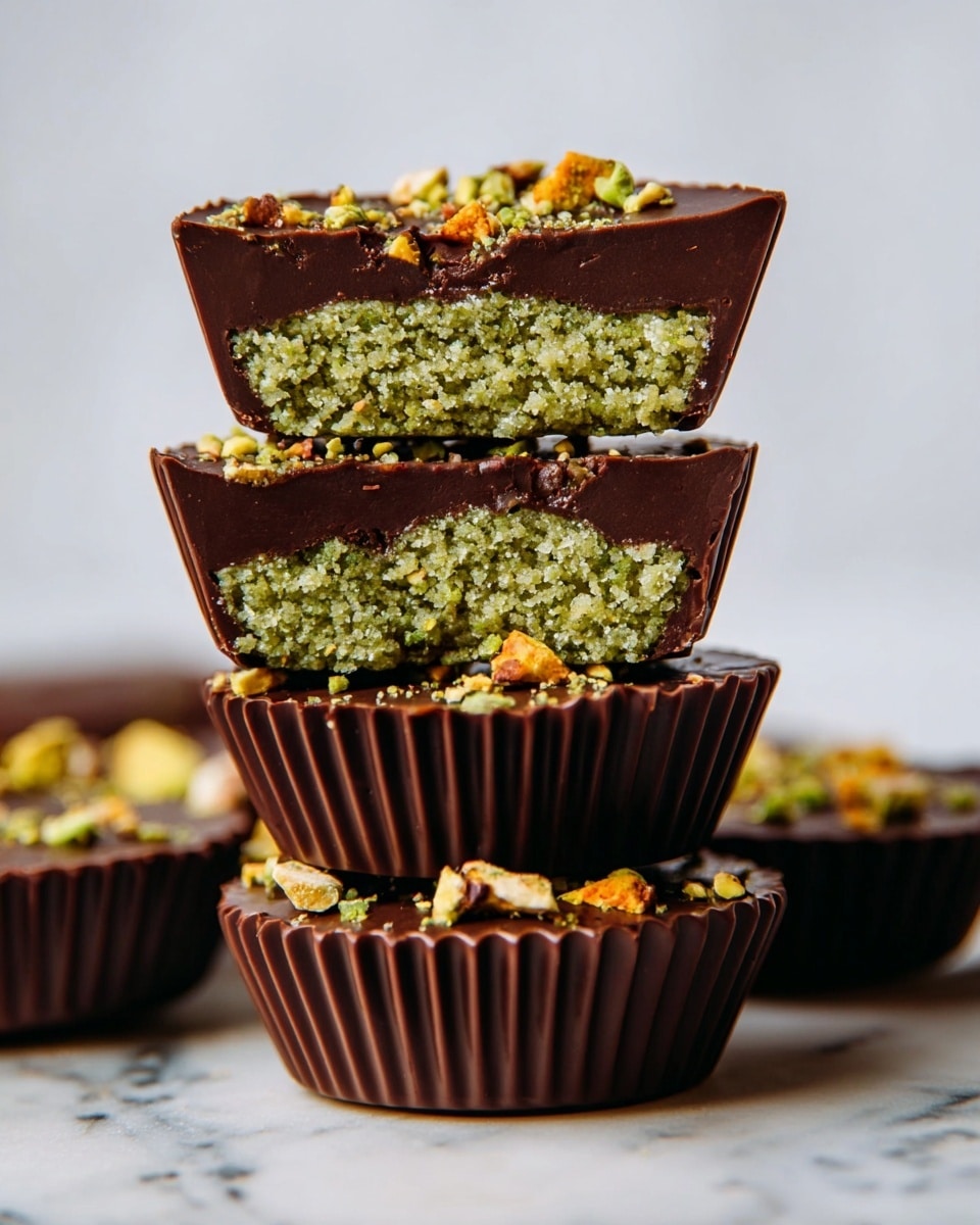 The image shows a close-up stack of chocolate cups with two of them cut in half and stacked on top, revealing three layers: a dark brown smooth chocolate outer shell, a middle green crumbly and textured filling, and bits of orange and light green nuts or toppings sprinkled on top and embedded in the chocolate layer. The cups are ribbed around the sides and sit on a white surface with a white marbled texture in the background. Photo taken with an iphone --ar 4:5 --v 7