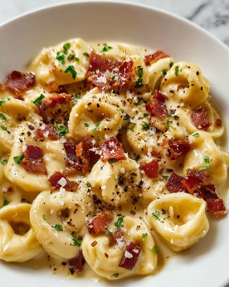 A close-up view of a white plate filled with creamy tortellini pasta coated in a smooth, light yellow sauce. The tortellini are shaped like small rings with soft edges, evenly covered by the sauce that pools slightly around them. Scattered on top are small, irregular pieces of crispy reddish-brown bacon, finely grated white cheese, and tiny green parsley bits, adding color contrast. Ground black pepper is lightly sprinkled across the dish, giving specks of dark color. The plate is placed on a white marbled textured surface. photo taken with an iphone --ar 4:5 --v 7