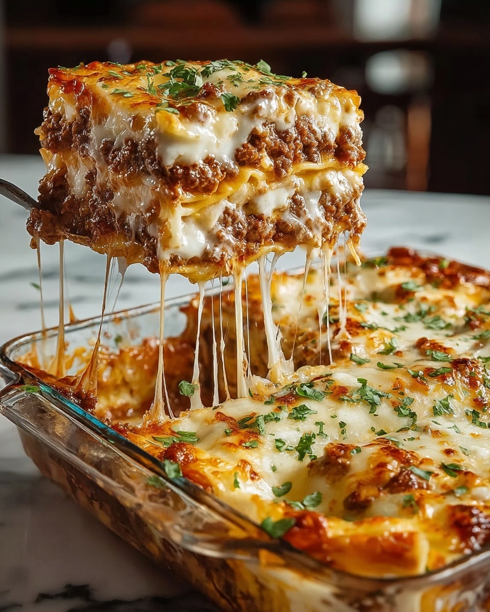A slice of lasagna is being lifted from a glass baking dish, showing multiple layers: a bottom layer of rich, browned meat sauce, a middle layer of melted creamy white cheese mixed with ground meat, and a top layer of golden, bubbly melted cheese with bits of browned meat and chopped green herbs sprinkled on top. The cheese stretches in long strings from the slice to the rest of the lasagna left in the dish. The dish sits on a white marbled surface, and the background is softly blurred, making the lasagna the clear focus. photo taken with an iphone --ar 4:5 --v 7