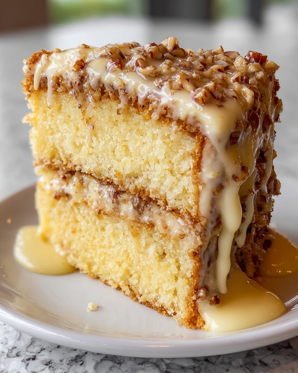 A slice of two-layer yellow cake with a creamy, light yellow filling between the layers. The top and sides are covered with a sticky glaze and chopped nuts, giving a shiny, textured look. The cake layers are soft and moist, with the glaze dripping slightly down the sides. The slice sits on a white plate, placed on a surface with a white marbled texture. photo taken with an iphone --ar 4:5 --v 7