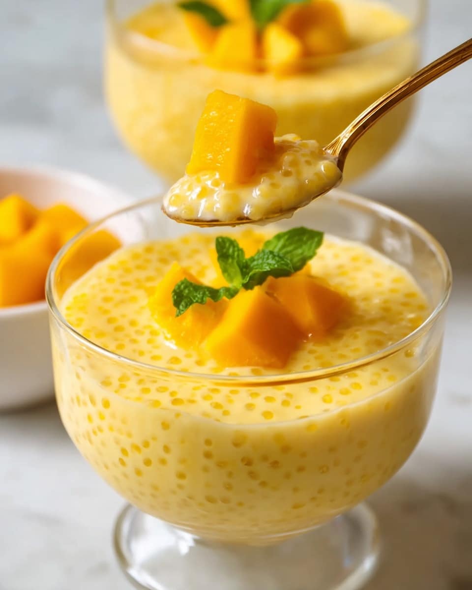 A clear glass bowl filled with creamy yellow mango tapioca pudding dotted with small translucent tapioca pearls, topped with bright orange mango cubes and a fresh green mint leaf in the center. A golden spoon is lifting a spoonful of the pudding with a mango cube from the bowl. In the soft-focused white marbled background, there is another similar bowl of pudding and a small white bowl with extra mango cubes. The scene is bright and inviting, emphasizing the smooth texture and vibrant colors of the dessert. photo taken with an iphone --ar 4:5 --v 7