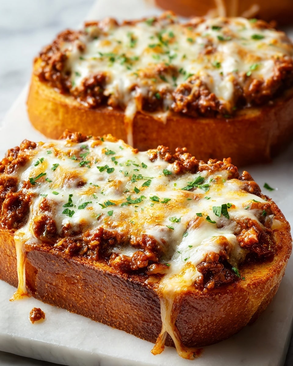 A close-up of two thick slices of toasted bread placed on a white marbled surface, each slice layered with a rich, chunky ground beef sauce in dark brown and red hues, topped generously with melted gooey white cheese that has slight golden-brown spots, sprinkled lightly with small green herb bits. The bread's crust is golden brown and crispy, while the inside looks soft and airy, with some sauce and cheese dripping down the sides. Photo taken with an iphone --ar 4:5 --v 7