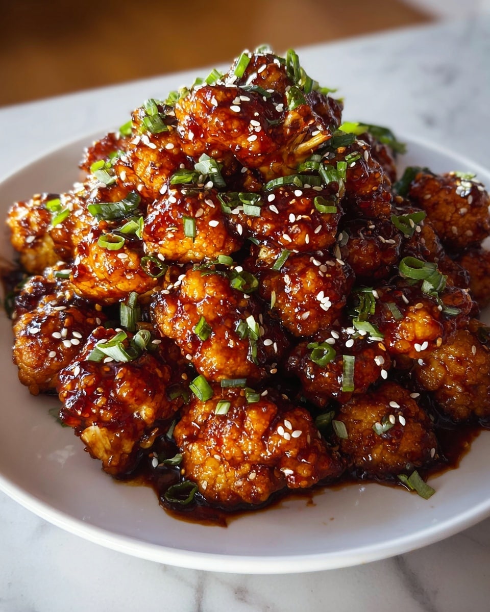 A mound of crispy cauliflower florets coated in a shiny, thick, dark brown sauce sits at the center of a white plate. The cauliflower is golden orange beneath the sticky sauce, which glistens under the light. Small pieces of bright green chopped scallions are sprinkled evenly over the top, along with white sesame seeds, adding contrast and texture. The plate rests on a white marbled surface, and the background softly blurs, focusing attention on the richly glazed cauliflower. photo taken with an iphone --ar 4:5 --v 7