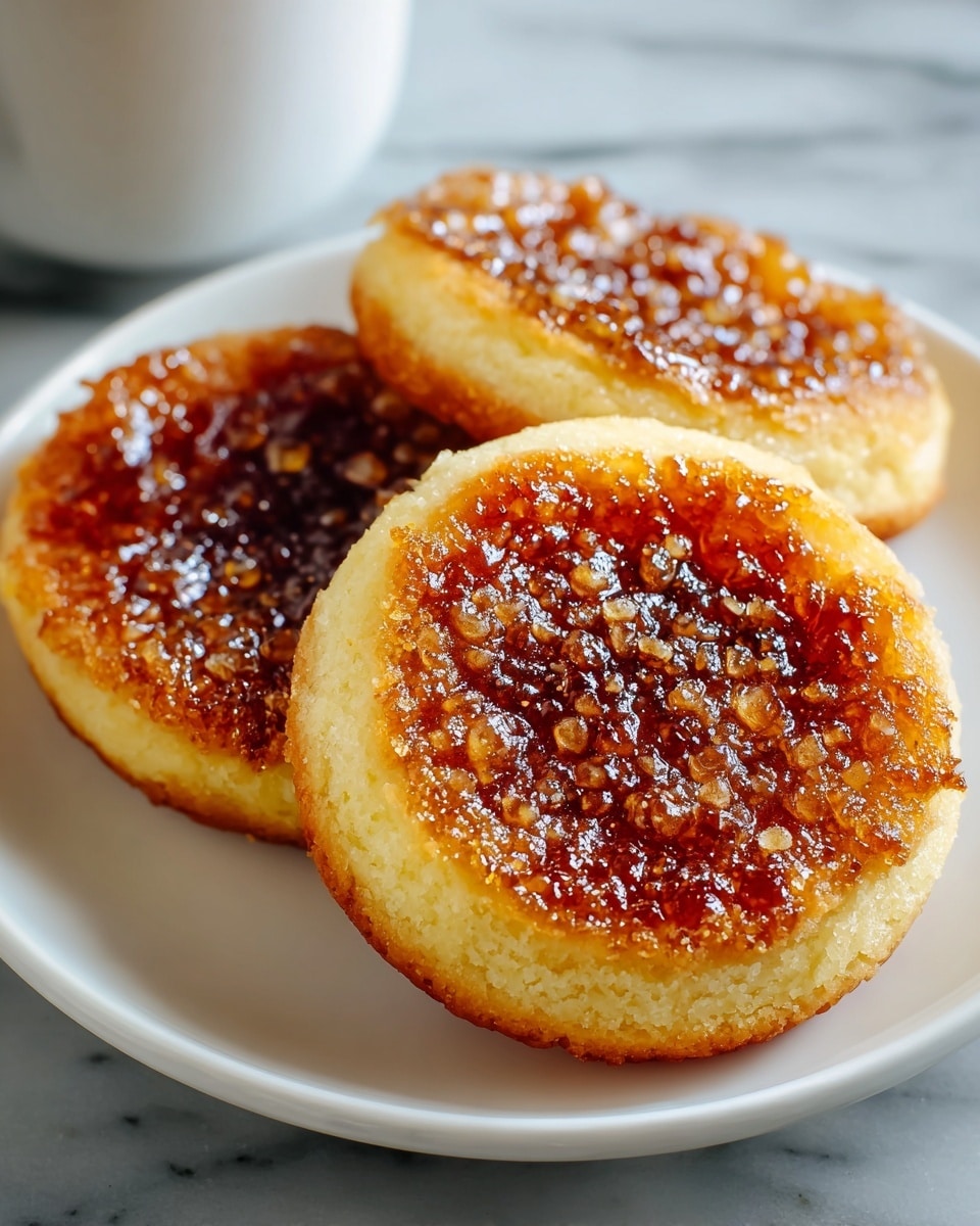 Three round pastries are placed overlapping on a white plate. Each pastry has two visible layers: a thick, light yellow base with a rough texture, and a shiny caramelized brown sugar topping that looks crispy and glistening with crystals. The edges of the pastries are slightly golden-brown, showing a baked texture. The plate sits on a white marbled surface, with soft natural lighting highlighting the glossy caramel tops. Photo taken with an iphone --ar 4:5 --v 7