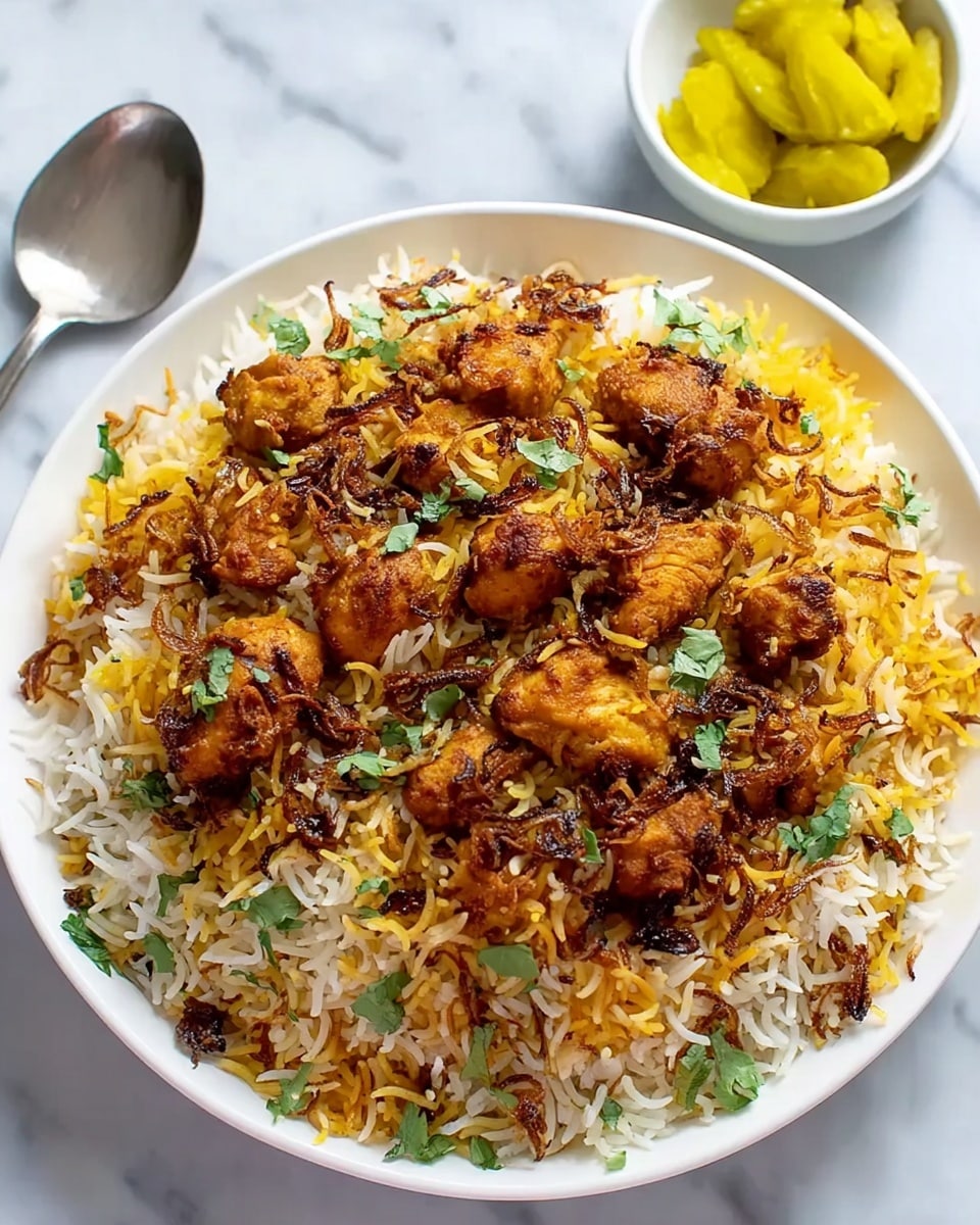 A large white plate filled with a layered biryani dish, starting with a base of fluffy white and yellow rice mixed with small green cilantro leaves, topped with golden-brown, spiced chicken pieces that have a slightly charred texture. Crispy fried onion slices in dark brown are scattered evenly on top, adding a touch of crispiness and rich color contrast. In the background, there is a small white bowl containing bright yellow pickle pieces, and a silver spoon rests beside the plate. The whole scene is set on a white marbled surface. photo taken with an iphone --ar 4:5 --v 7