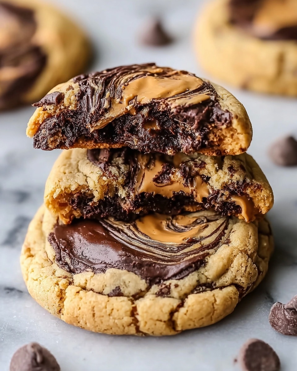The image shows two cookies stacked on top of each other on a white marbled surface with scattered chocolate chips around them. The bottom cookie has a light golden outer layer with a cracked texture and a thick, glossy dark chocolate swirled center, mixed with swirls of creamy peanut butter in light brown tones. The top cookie, broken in half and resting on the bottom cookie, reveals a moist and rich dark chocolate inside with the same peanut butter swirled center as the whole cookie beneath it. The rich contrast between the dark chocolate and light peanut butter swirl creates a marbled effect on top. Photo taken with an iphone --ar 4:5 --v 7