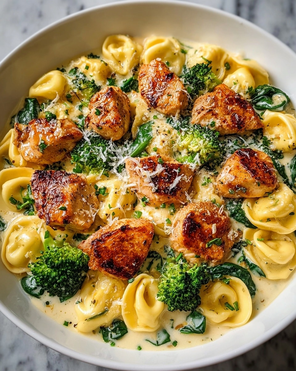 The dish shows a white bowl filled with creamy sauce at the bottom with a smooth, light beige texture. On top of the sauce, there is a layer of yellow tortellini pasta, folded into round shapes with slight folds and smooth surfaces. Scattered on and around the pasta are green spinach leaves and small broccoli florets, offering bright green pops of color with a soft texture. Large pieces of browned chicken with a crispy outside and a golden-brown color are placed evenly across the dish. The top is sprinkled with grated white cheese and small bits of green herbs, adding a speckled look. The bowl sits on a white marbled surface. photo taken with an iphone --ar 4:5 --v 7