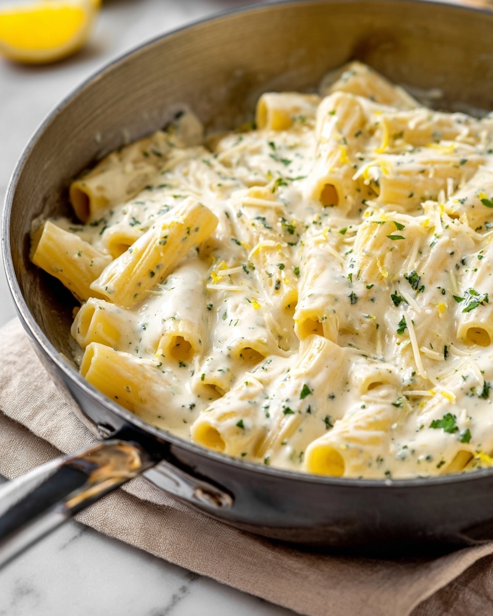 A close-up view of rigatoni pasta coated in a creamy white sauce speckled with green herbs, placed inside a silver pan with a shiny handle resting on a soft beige cloth; the pasta pieces are thick, tube-shaped, and arranged in a loose pile, covered evenly with the sauce that looks smooth and velvety, with finely grated cheese sprinkled on top and some small bright yellow lemon zest scattered through the sauce; the scene sits on a white marbled surface, with a small blurred wedge of lemon visible in the background near the top left corner, photo taken with an iphone --ar 4:5 --v 7