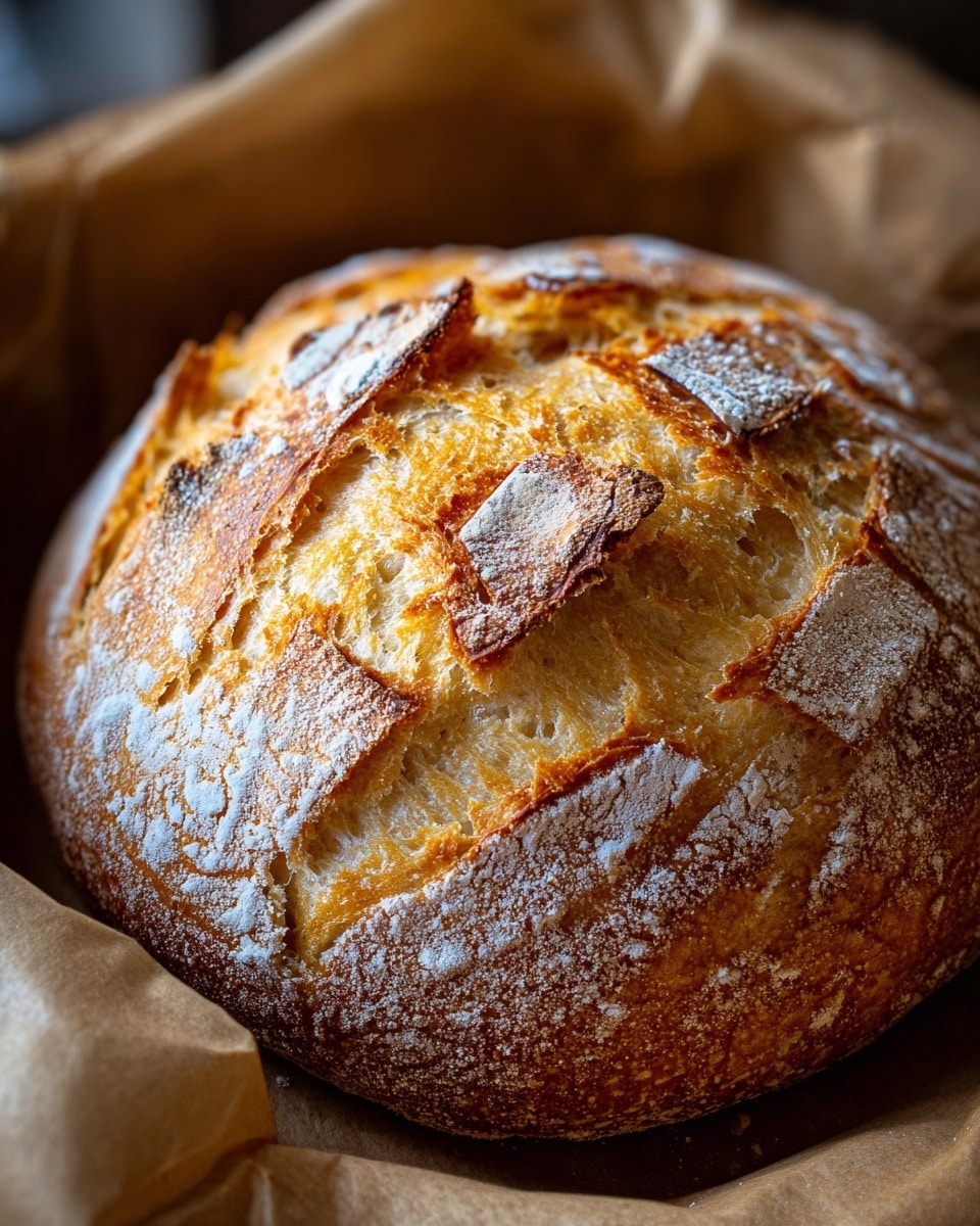 A close-up image of a round loaf of bread with a golden brown, crispy crust that has visible cracks and air holes. The crust shows a pattern of lighter flour dusting on the surface with some darker, slightly burnt spots, giving it a rustic look. The bread rests on parchment paper inside a container, while the background features a white marbled texture. The texture of the crust looks crunchy and slightly uneven, while the inner bread appears soft and airy with holes throughout. photo taken with an iphone --ar 4:5 --v 7