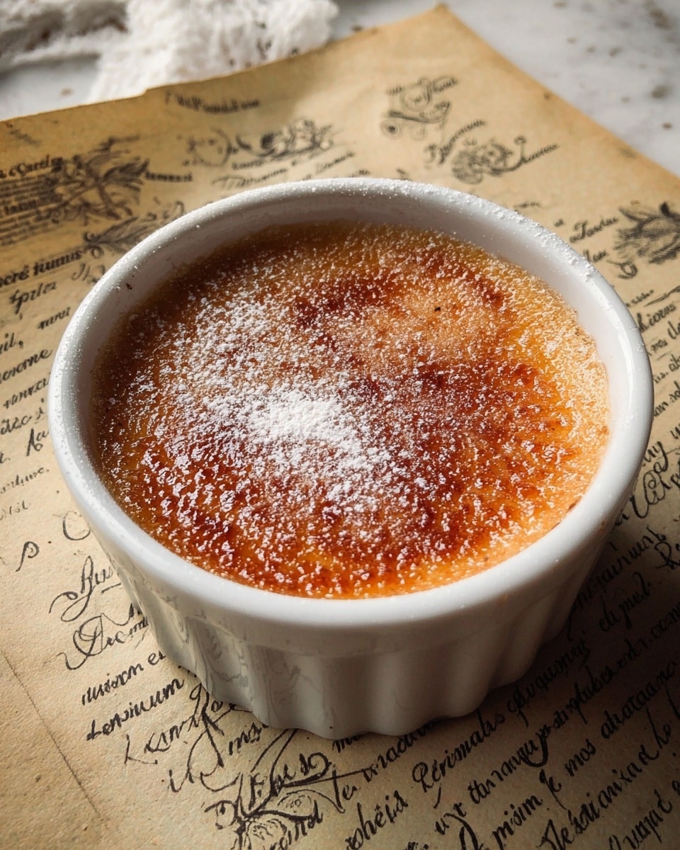 A single-layer crème brûlée is shown in a white ceramic ramekin, with a smooth caramelized top layer that is golden brown with a fine texture, lightly dusted with powdered sugar, resting on old, yellowed vintage paper with text and cursive writing, set against a white marbled surface. photo taken with an iphone --ar 4:5 --v 7