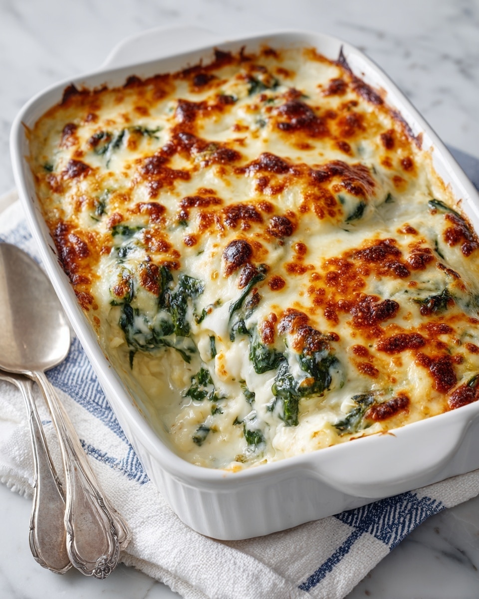 A white baking dish holds a freshly baked casserole with one visible layer topped by a golden-brown layer of melted cheese, showing browned spots and slightly crispy edges. Below the cheese, there are hints of green spinach mixed into the creamy filling, giving it a soft texture. The dish sits on a white marbled surface with a white cloth with blue stripes underneath the left side. Two shiny silver serving spoons rest partly tucked beneath the cloth near the baking dish. The photo taken with an iphone --ar 4:5 --v 7
