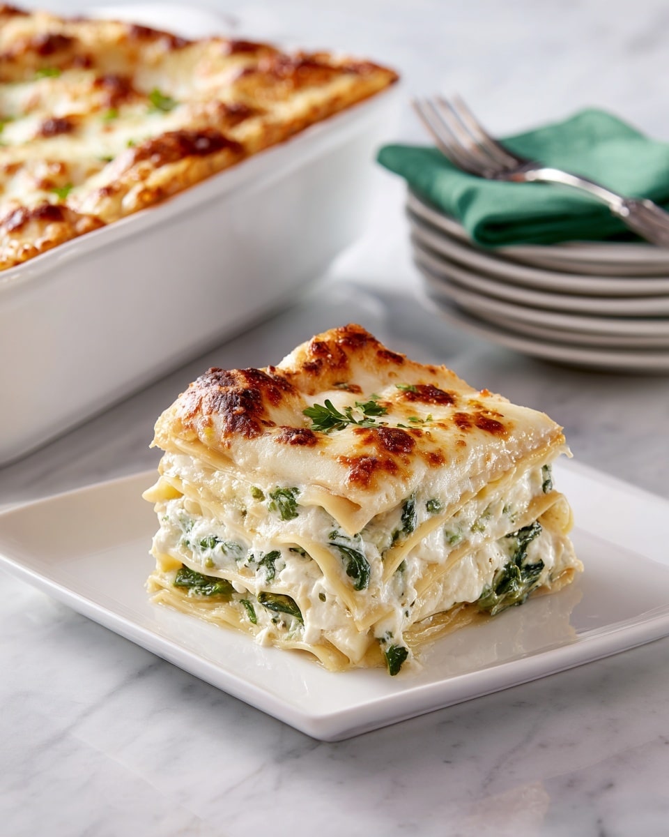 A square piece of lasagna sits on a white square plate, showcasing three visible layers: at the bottom, pale yellow pasta sheets with some green spinach peeking through, in the middle a creamy white sauce mixed with spinach and cheese, and on top a golden-brown melted cheese layer with some browned spots. Behind the plate, a white rectangular baking dish filled with more lasagna shows the same cheese layer. To the right, there is a stack of white plates topped with a green folded napkin and silver fork, all placed on a white marbled surface. Photo taken with an iphone --ar 4:5 --v 7