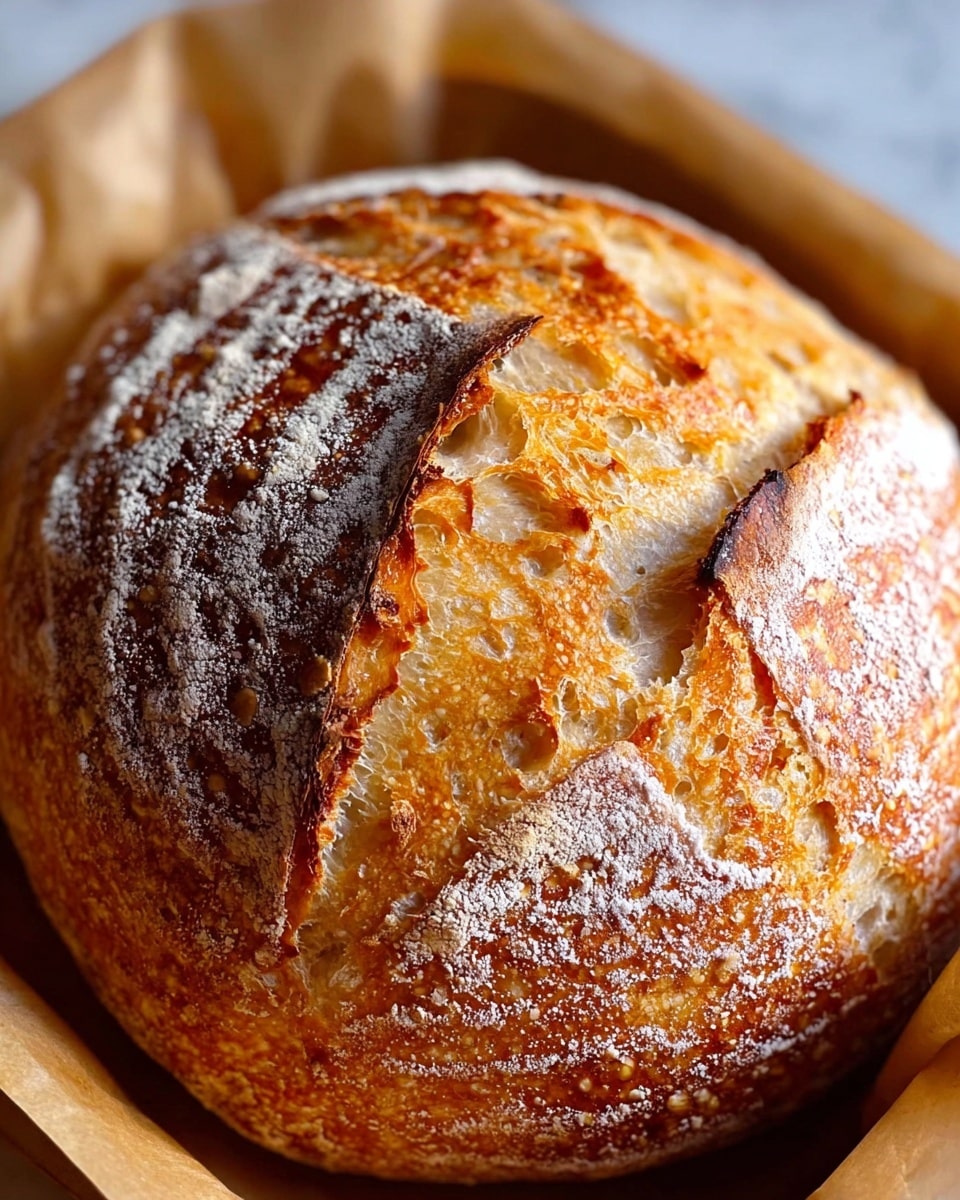 A round loaf of rustic bread with a golden-brown crust is shown, featuring deep cracks and a pattern of flour dusted on top. The crust appears crispy and slightly blistered with various shades of golden yellow and brown, revealing a soft, airy interior with visible holes. The loaf sits on light brown parchment paper that lines the container. The overall scene is warm and inviting. photo taken with an iphone --ar 4:5 --v 7