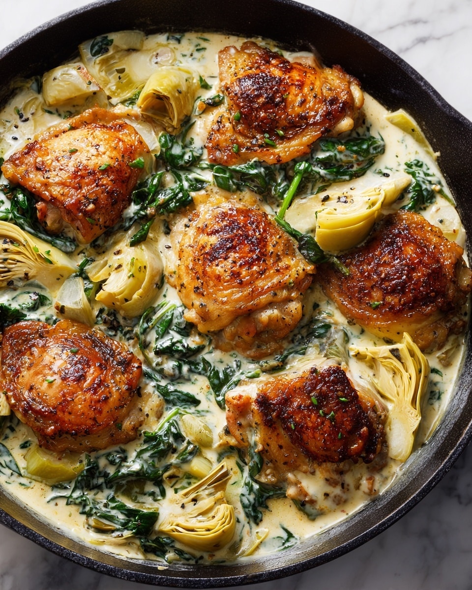 A close-up of a black cast iron skillet filled with five pieces of golden brown, crispy chicken thighs slightly raised above a creamy white sauce mixed with green spinach leaves. Around the chicken, there are light yellow-green artichoke hearts, cut into quarters, sitting partially submerged in the thick sauce. The sauce has a smooth texture with specks of herbs, while the spinach is soft and wilted, adding deep green patches throughout the dish. The skillet is placed on a white marbled surface. photo taken with an iphone --ar 4:5 --v 7