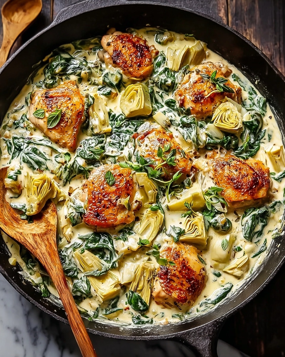 The image shows a black cast iron skillet filled with a creamy dish made of seared golden-brown chicken thighs sitting in a light cream sauce mixed with wilted dark green spinach leaves and pale yellow artichoke hearts scattered evenly throughout. The sauce looks thick and silky, coating the chicken and vegetables, with some small green herb leaves sprinkled on top. The skillet sits on a white marbled surface, and a wooden spoon is visible on the side. photo taken with an iphone --ar 4:5 --v 7