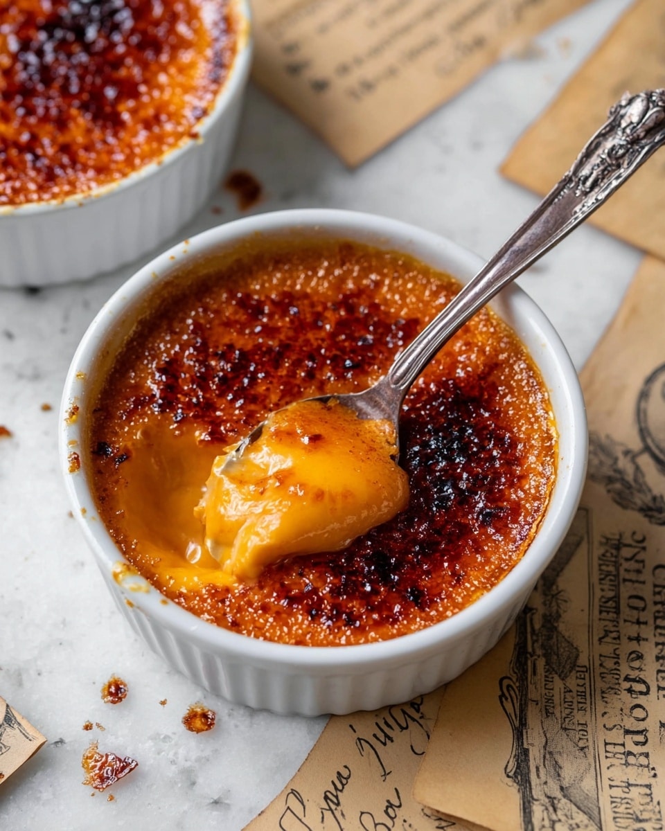 The image shows a close-up of a white ramekin filled with crème brûlée. The top layer is a crispy, caramelized sugar crust with a rich amber-brown color and a shiny, slightly uneven texture. Beneath this layer, there is a creamy, smooth custard that is bright orange in color, partially scooped out with a silver spoon, revealing its thick and velvety texture. The ramekin sits on a white marbled surface scattered with vintage papers showing text and faint stains. There is a second ramekin visible nearby with the same caramelized sugar crust on top. photo taken with an iphone --ar 4:5 --v 7