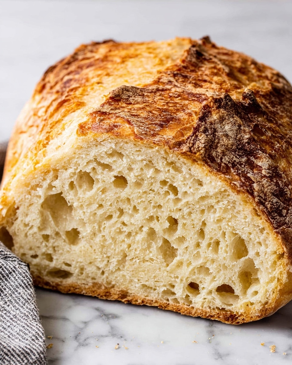 The image shows a large round loaf of bread with a thick, golden-brown crust that looks crispy and slightly textured. The bread is cut to reveal the inside, which is light beige with a soft, airy texture filled with many small holes. The crust covers the top and sides of the loaf and is uneven with some darker toasted spots. The bread rests on a white marbled surface with a small piece of gray and white striped cloth partially visible on the left side. Photo taken with an iphone --ar 4:5 --v 7