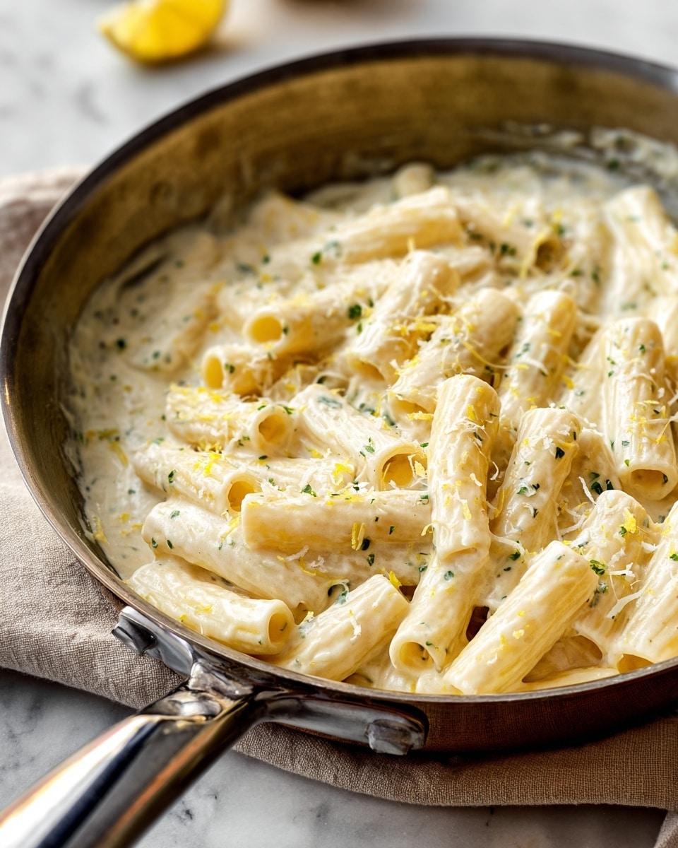 A close-up of a pan filled with creamy pasta, showing a single layer of tubular pasta pieces coated fully in a thick, white sauce with finely chopped green herbs mixed throughout. The sauce has a smooth texture with some grated cheese and small bits of yellow lemon zest scattered on top. The pan has a silver rim and a black inside, all set on a white marbled surface. photo taken with an iphone --ar 4:5 --v 7